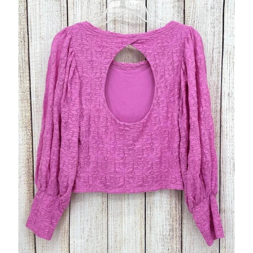 Free People Tea Time Blouse Size Large Pink Lace Open Back Puff Sleeve NWT